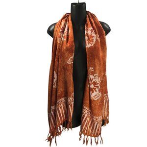 Hibiscus Batik Orange and White Floral Fringed Shawl Scarf Size 64x22